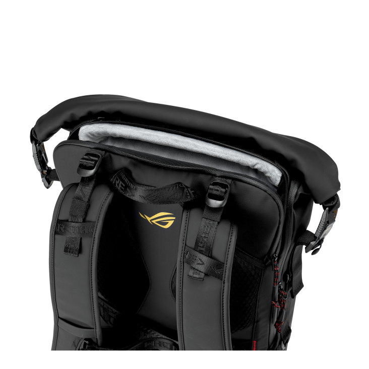 Black ROG backpack, partially open, revealing grey interior