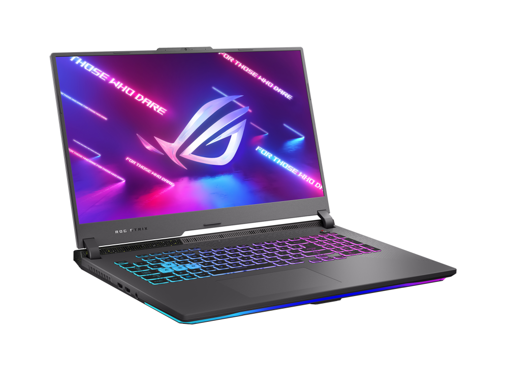 Off centered shot of the front side of the Strix G17 with ROG Fearless Eye logo on screen