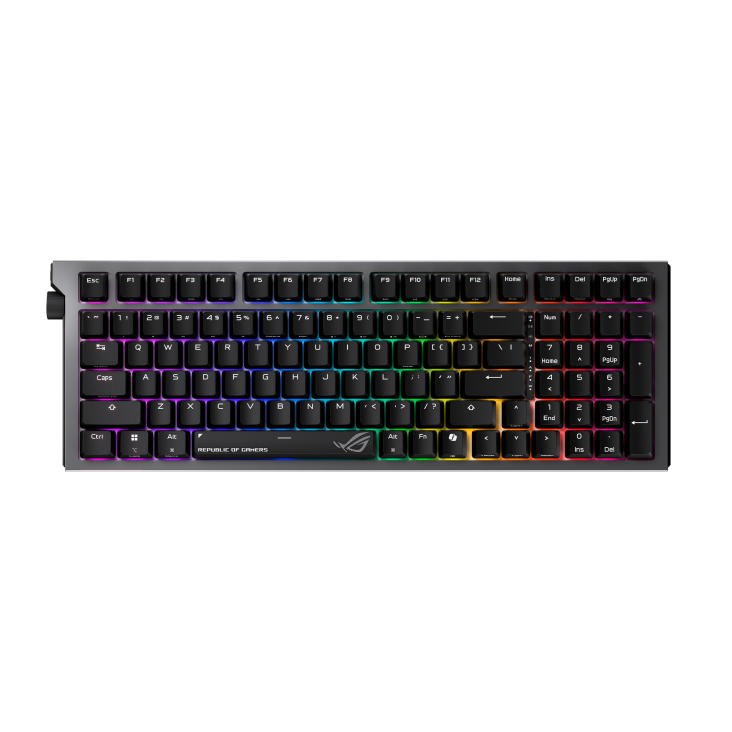 Black and white ROG Azoth 96 HE gaming keyboard front view