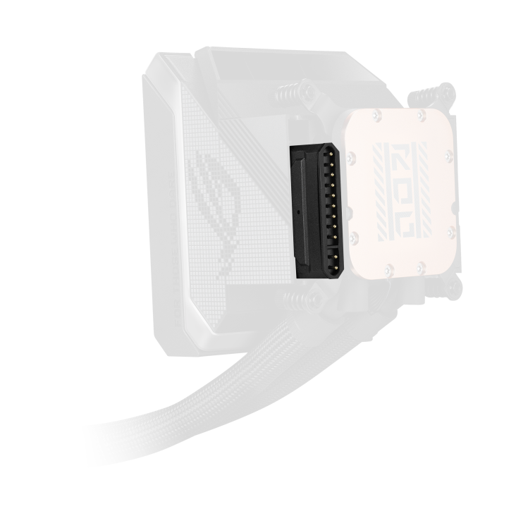 ROG Strix LC IV 360 ARGB LCD – pump and LCD block only, rear angle showing the gold connector pins and copper backplate close up