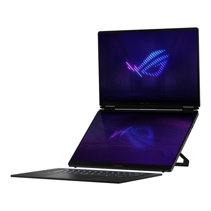 04_Left side of ROG Zephyrus DUO 16 (2026) with two vertical screens and illuminated keyboard