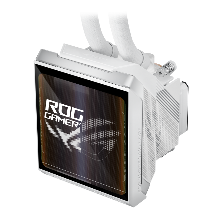 ROG Strix SLC IV 360 ARGB LCD White Edition – three-quarter angled close-up of the pump and LCD block showing "ROG GAMER" text on screen