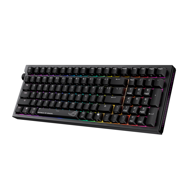 Black and white ROG Azoth 96 HE gaming keyboard front view to the left