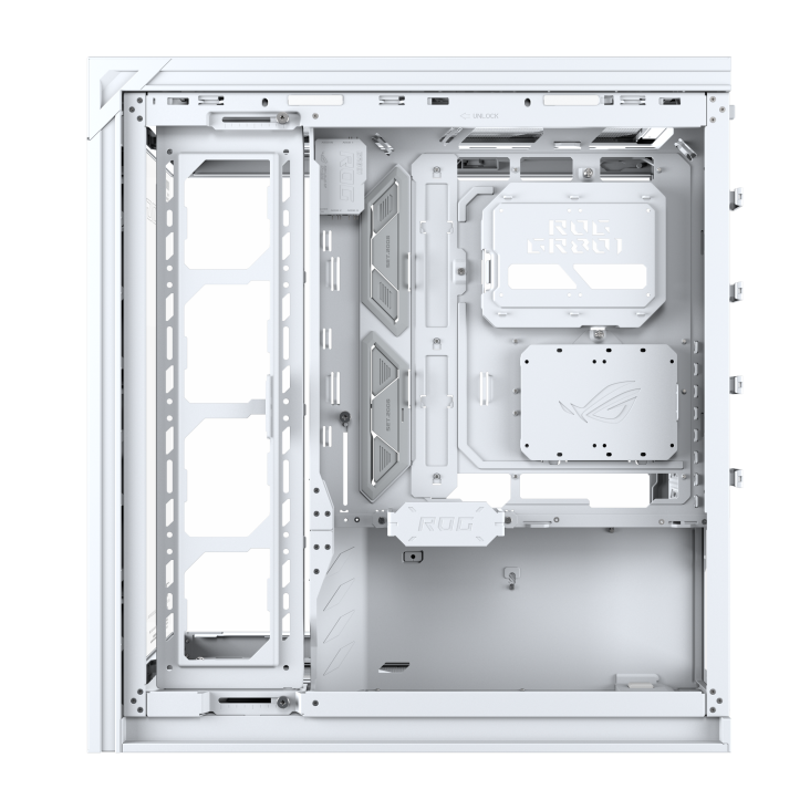 Interior view of the cable management side of ROG Cronox Dual TG White
