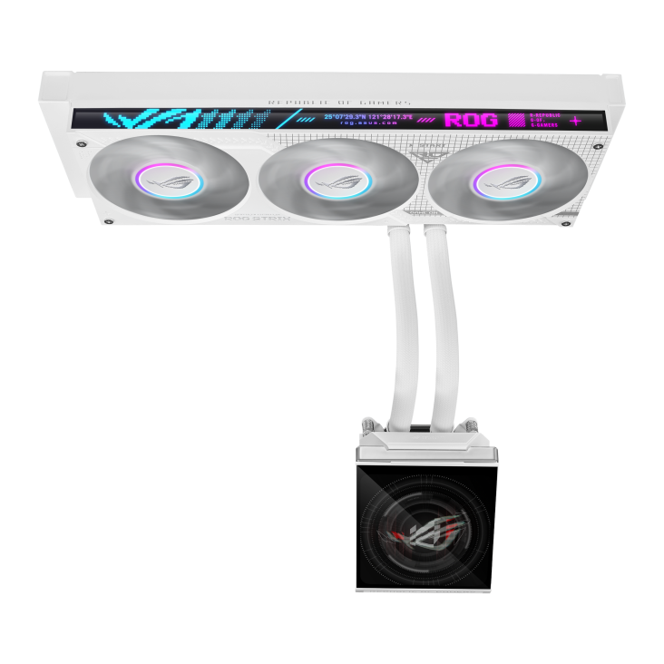 ROG Strix SLC IV 360 ARGB LCD White Edition – top-down angled view of the three fans and LCD pump block with the ROG logo on screen