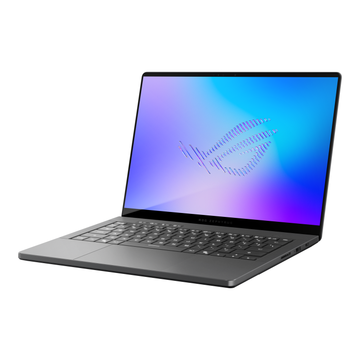 09_2026 Zephyrus G14 Off center shot of the front of the Zephyrus G14, with the ROG Fearless Eye logo on screen