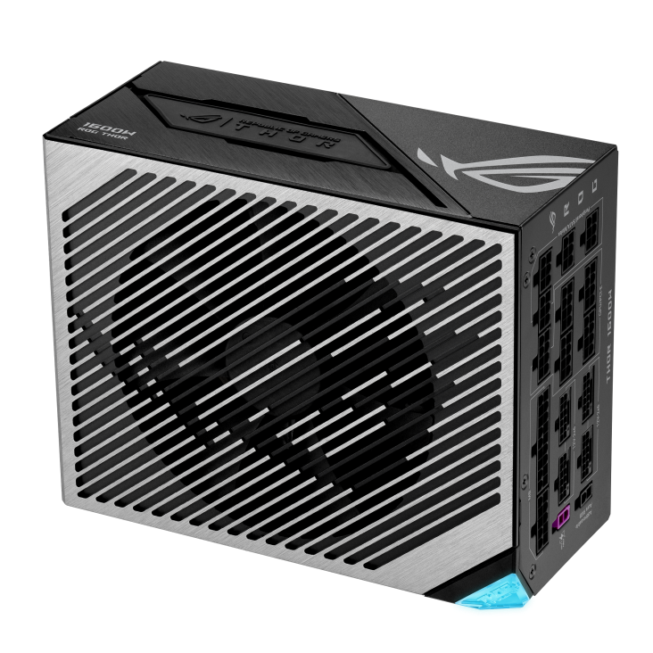 ROG Thor 1600W Titanium III EVO upright angle showing the top and rear side 