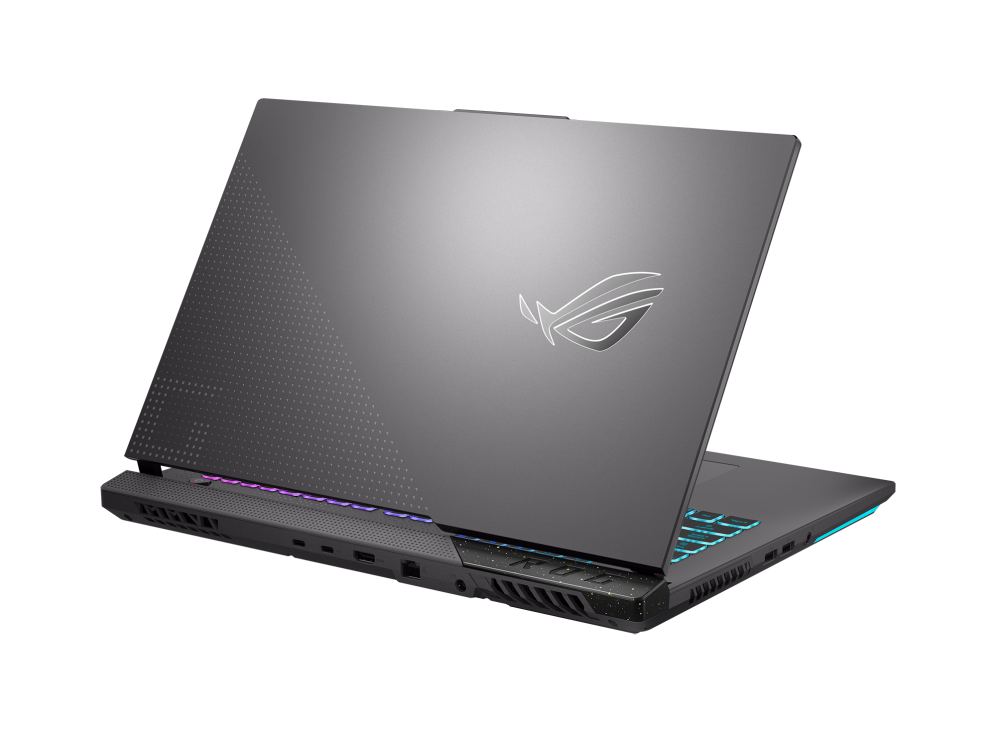 Off centered shot of the rear of the Strix G17 with the ROG Fearless Eye logo on lid