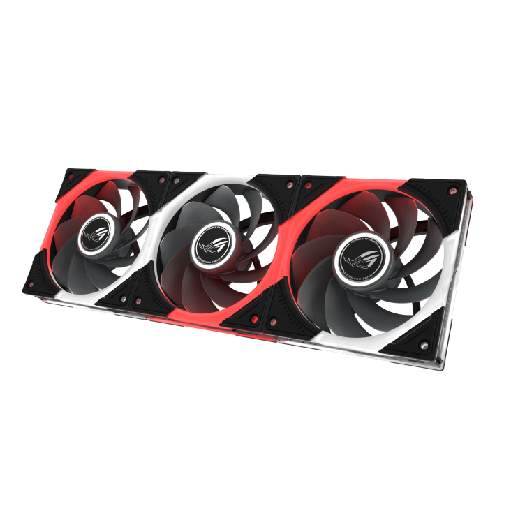 Angled view of the triple ROG Eurux GR120 ARGB fans reverse blade, showcasing the black frame, red and white ARGB ring illumination, and anti-vibration rubber corner pads