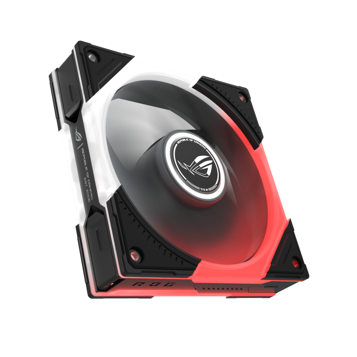 ROG Eurux GR120 ARGB Fan reverse blade Black hero angle with rotating fan blade and ARGB lighting