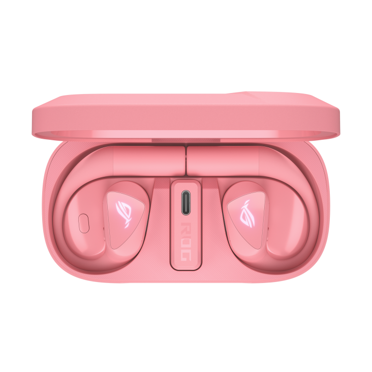Front view of opened ROG Cetra Open Wireless in Dusk Pink with charging case  and earbuds inside.