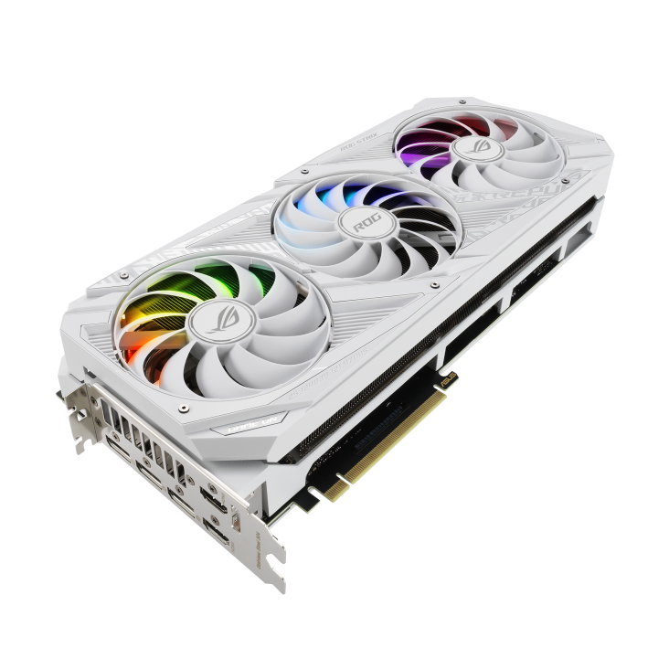 ROG-STRIX-RTX3080-O10G-WHITE graphics card, front angled view