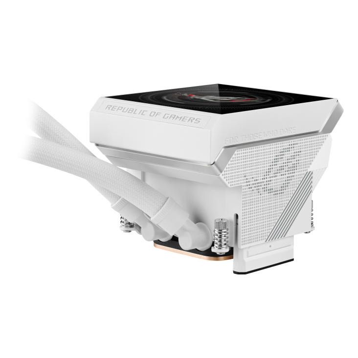 ROG Strix LC IV 360 ARGB LCD White Edition – close-up angled view of the LCD pump top showing a time and date readout