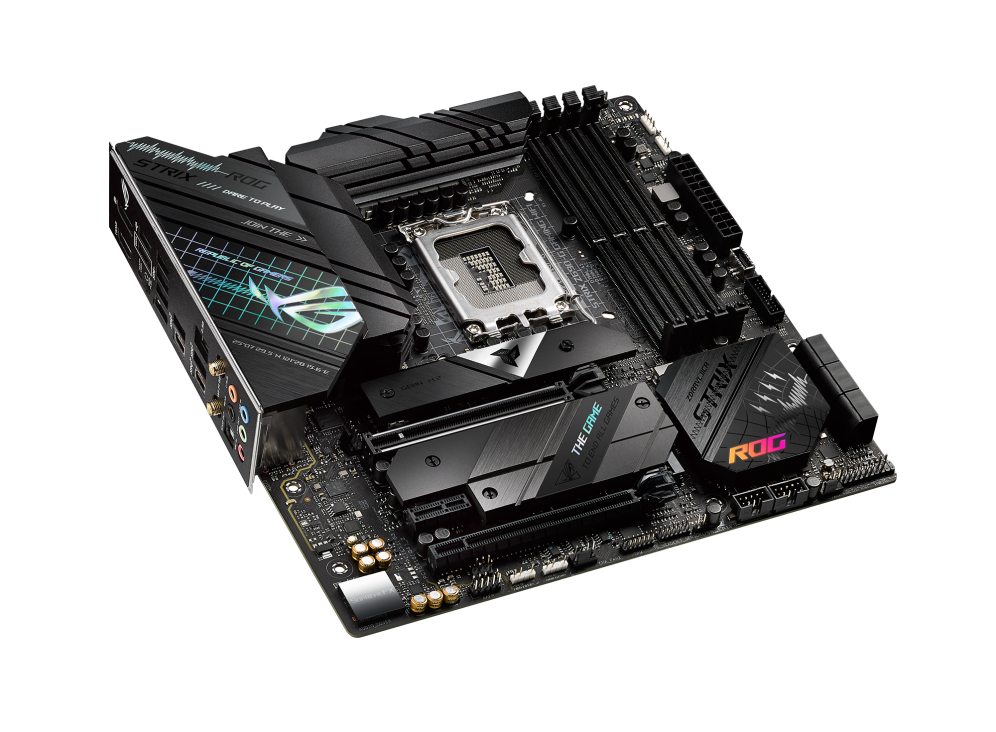 ROG STRIX Z690-G GAMING WIFI top and angled view from left