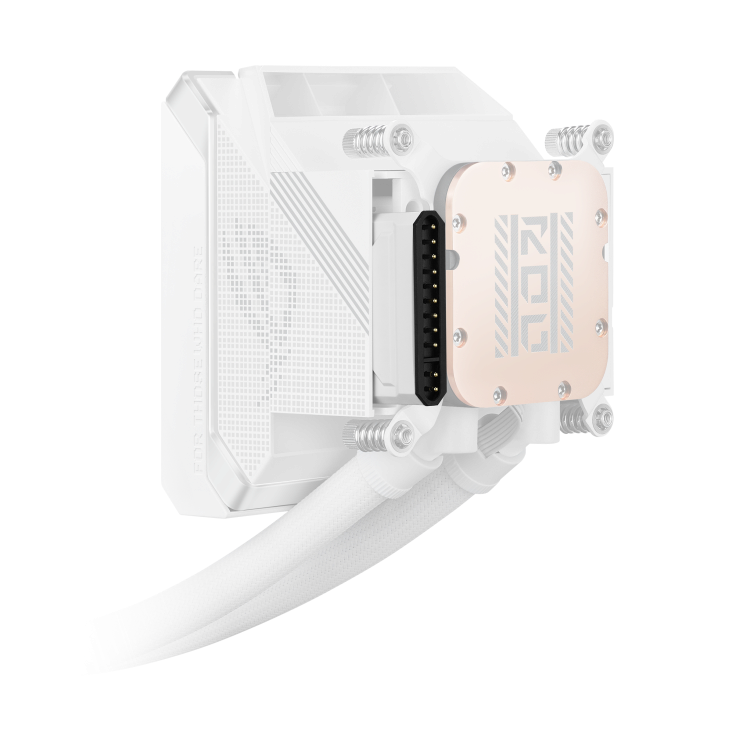 ROG Strix LC IV 360 ARGB LCD White Edition – close-up side view of the pump block showing the copper ROG cap and connector cable
