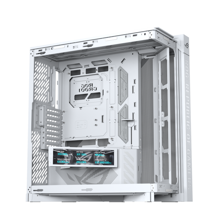 Angled interior view of ROG Cronox Dual TG White with rotatable side fan bracket