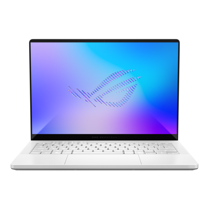 02_2026 Zephyrus G14 Front view of the Zephyrus G14, with the ROG Fearless Eye logo on screen