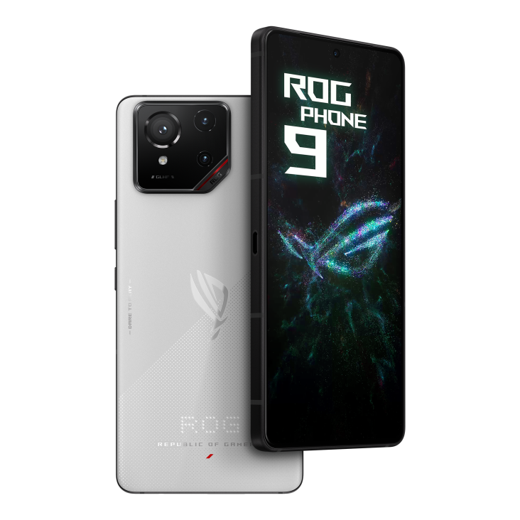 ROG Phone 9 Storm White angled view from back and the other ROG Phone 9 Storm White angled view from front, tilting at 45 degrees.