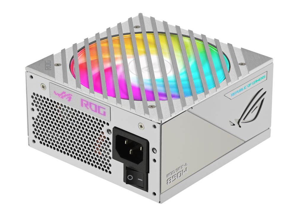 Rear-side angle of ROG Loki SFX-L 850W Platinum White Edition with rainbow lighting effect