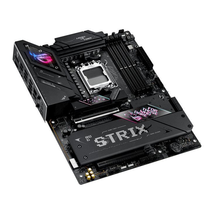 ROG STRIX B850-E GAMING WIFI top view, angled 45 degrees to the left