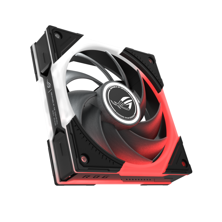ROG Eurux GR120 ARGB Fan Black hero angle with ARGB lighting and three independent lighting zones
