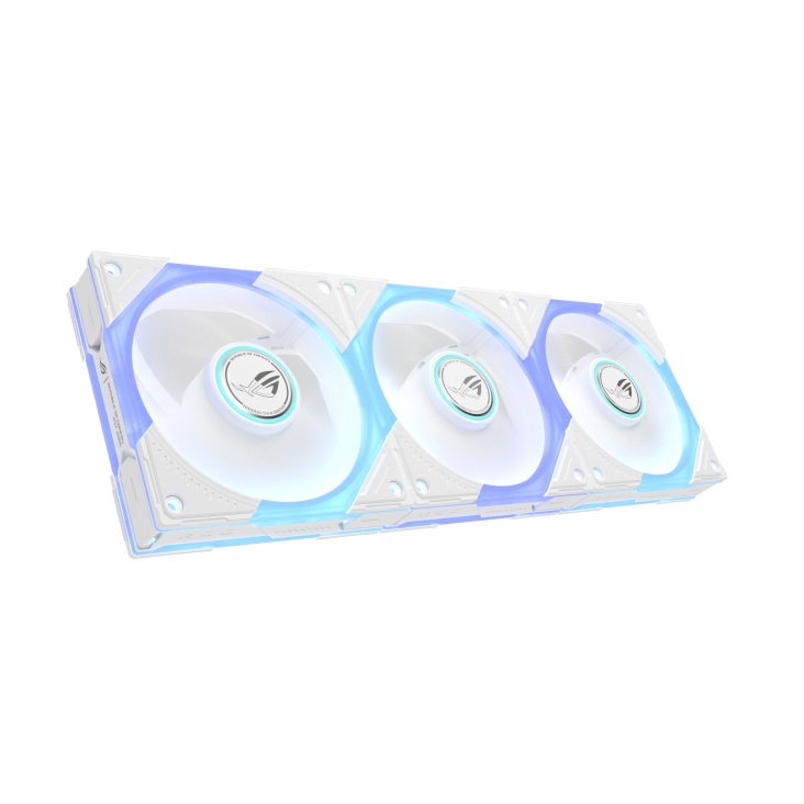 ROG Eurux GR120 ARGB Fan reverse blade Triple pack White hero angle with rotating fan blade and ARGB lighting