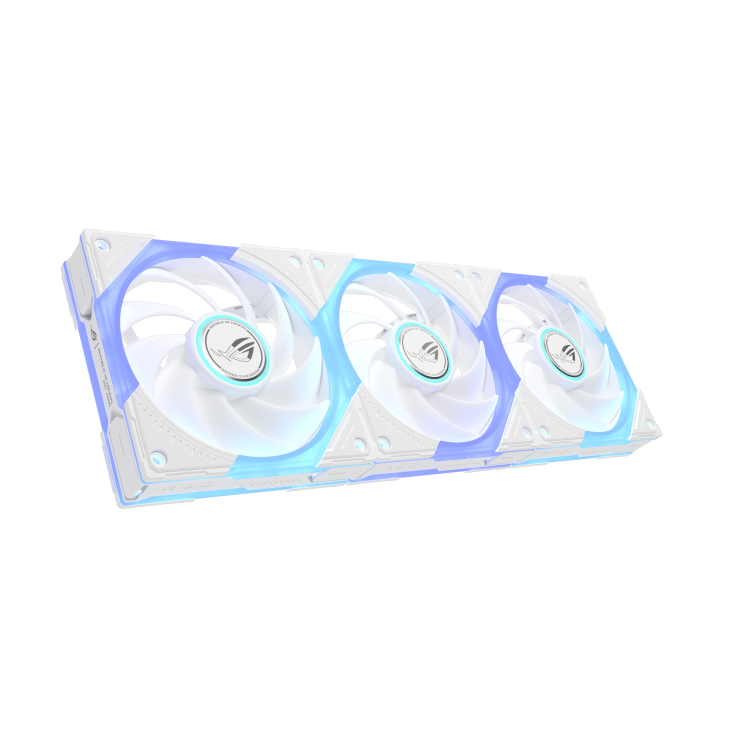 ROG Eurux GR120 ARGB Fan Triple pack White hero angle with ARGB lighting and three independent lighting zones