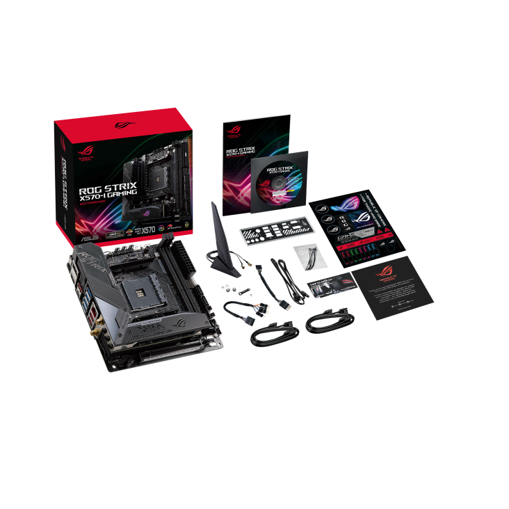 ROG Strix X570-I Gaming top view with what’s inside the box