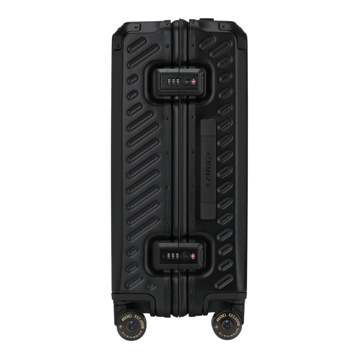 Right side of a sleek black ROG gaming suitcase with diagonal textured surface, featuring a gold ROG FOR THOSE WHO DARE plaque and branded wheels