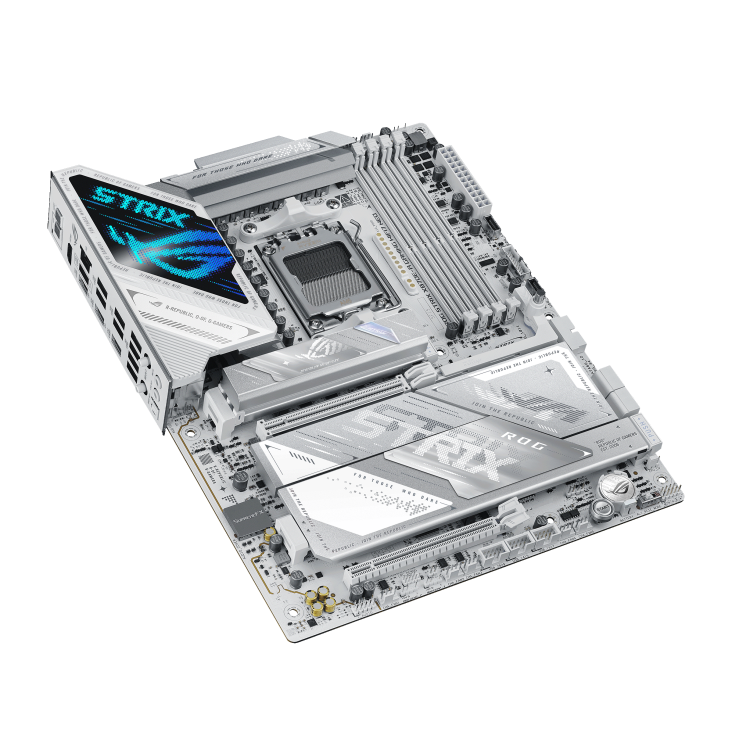 ROG Strix X870E-A Gaming WiFi7 Neo Strix X870E-A Neo top-down view, 45 degrees