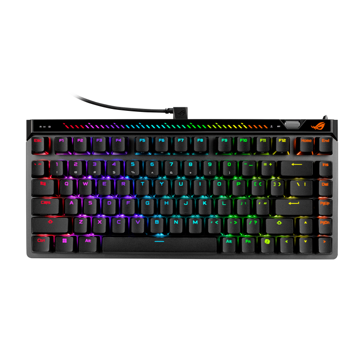 Black ROG Falchion Ace 75 HE front view with RGB lighting on
