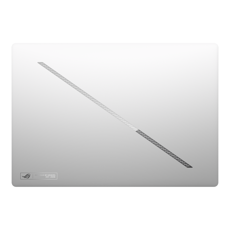 14_2026 Zephyrus G16 Top down view of the Zephyrus G16 with the lid closed, with emphasis on the Slash Lighting