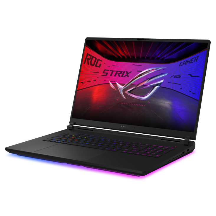ROG Strix SCAR 18 (2026) - Sleek, high-performance gaming laptop with vibrant RGB lighting, shown from front view.