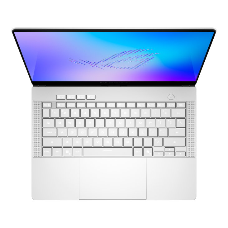 04_2026 Zephyrus G14 Top down view of the Zephyrus G14, with the ROG Fearless Eye logo on screen and the keys illuminated with white backlight