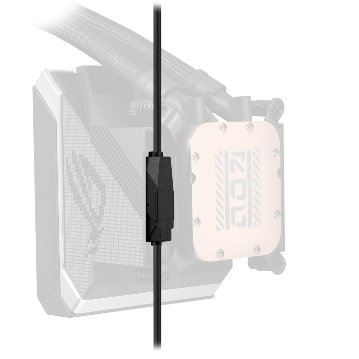 ROG Strix SLC IV 360 ARGB LCD – extreme close-up of the pump base showing the copper coldplate with engraved logo and a thin cable crossing the frame