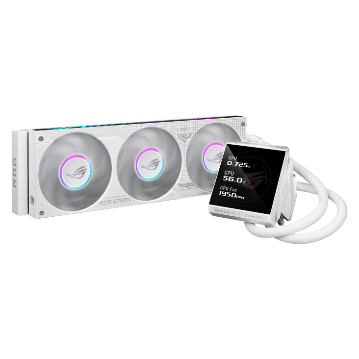 ROG Strix LC IV 360 ARGB LCD White Edition – front three-quarter view of the radiator with three fans and the angled LCD pump block