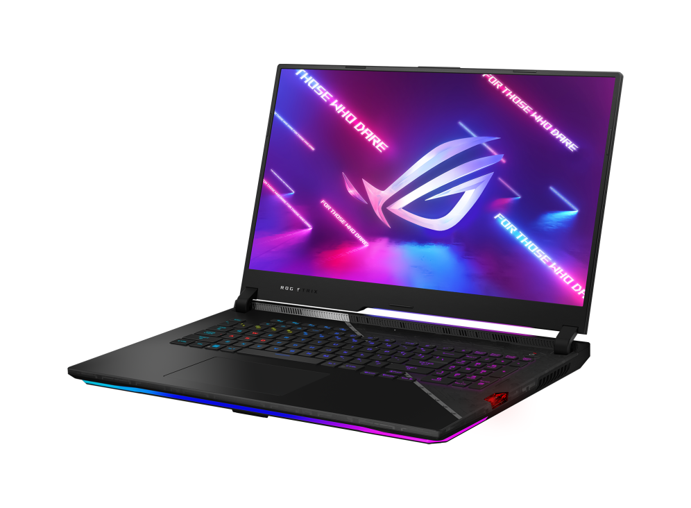 Off center front view of the Strix SCAR 17, with the keyboard illuminated and the ROG logo on screen.