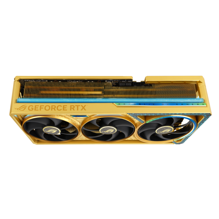 ROG-ASTRAL-RTX5080-DHAHAB-CORE_angled top down view showing slot design+lighting