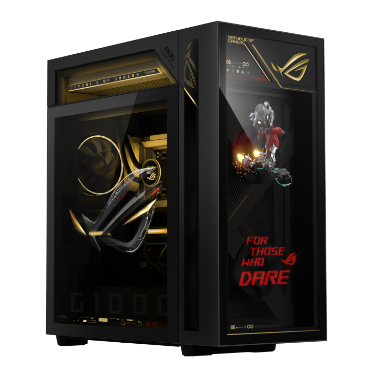 ROG G1000 (2026) GM1000 edition 20 A hovering ROG logo is projected from the fan, with a joystick on the left glass
