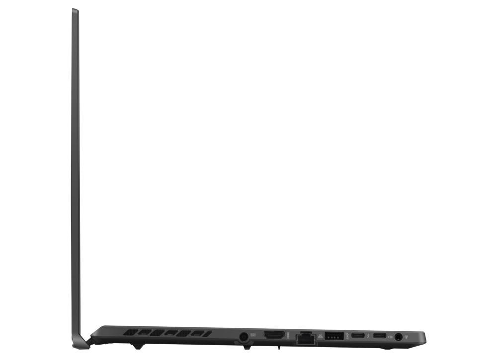 2023 Zephyrus G16 Profile view of the left side of the Zephyrus G16, with DC power, HDMI, ethernet, USB A, two USB C ports, and a headphone jack visible