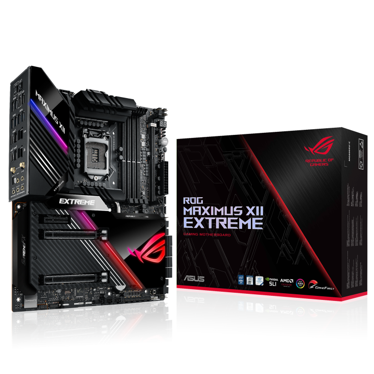 ROG MAXIMUS XII EXTREME angled view from left with the box