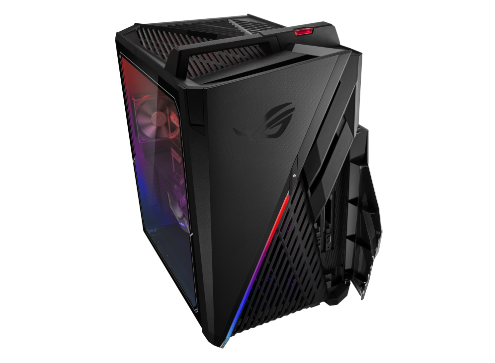 The ROG Strix G35CA with two hot-swap SSD bays opened.