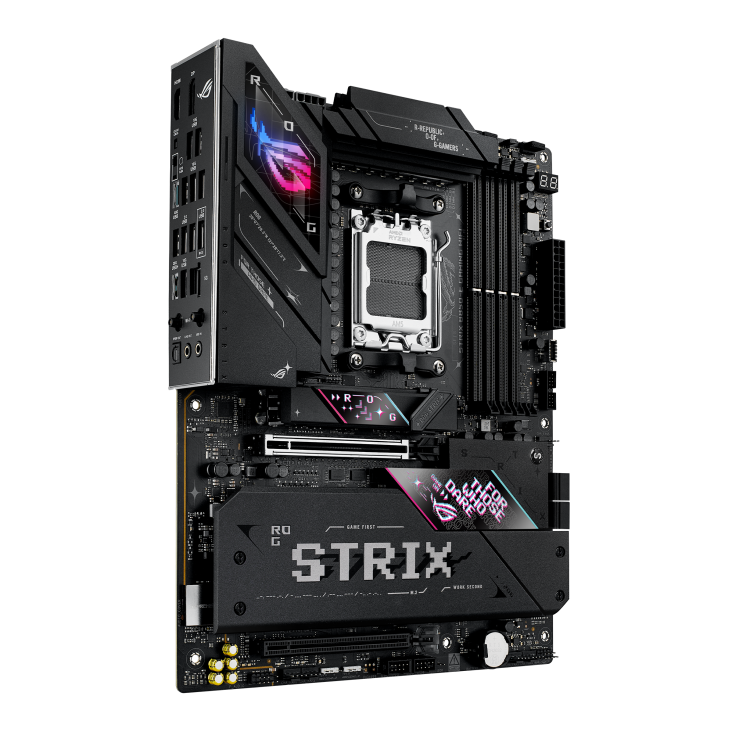 ROG STRIX B850-E GAMING WIFI front view, 45 degrees, viewed from right