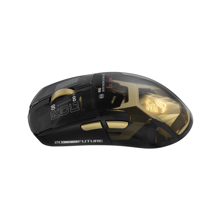 an angled side view of the ROG Harpe II Extreme Edition 20 gaming mouse showing its side buttons and top