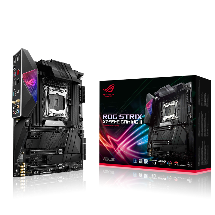 ROG Strix X299-E Gaming II angled view from left with the box