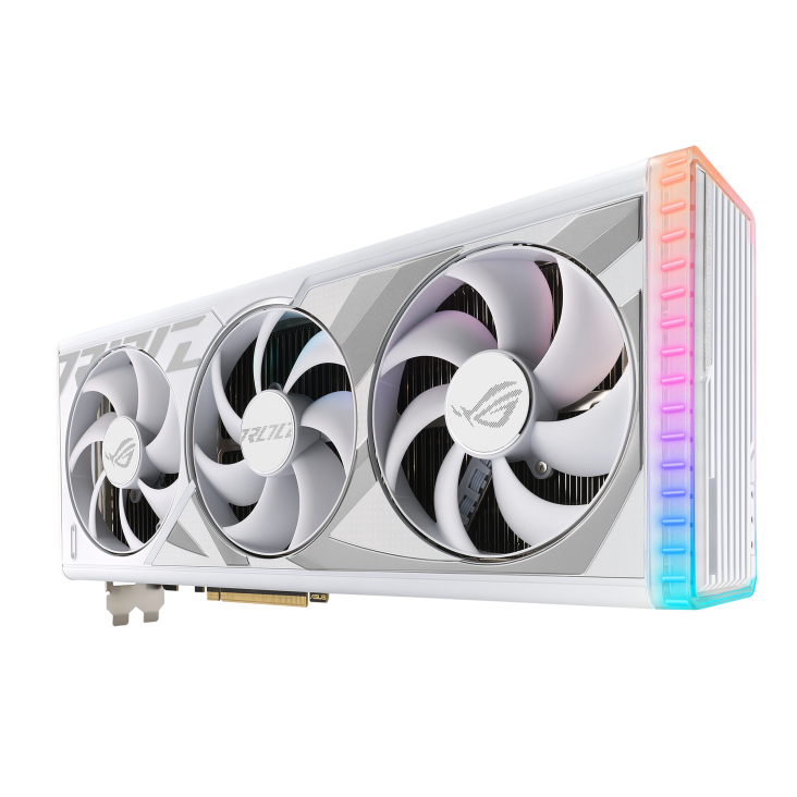 Angled top down view of the ROG Strix GeForce RTX 4080 SUPER white edition graphics card highlighting the fans, ARGB element-1