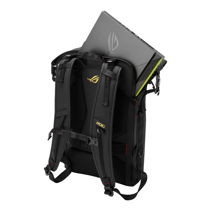 Black ROG backpack, laptop partially inserted