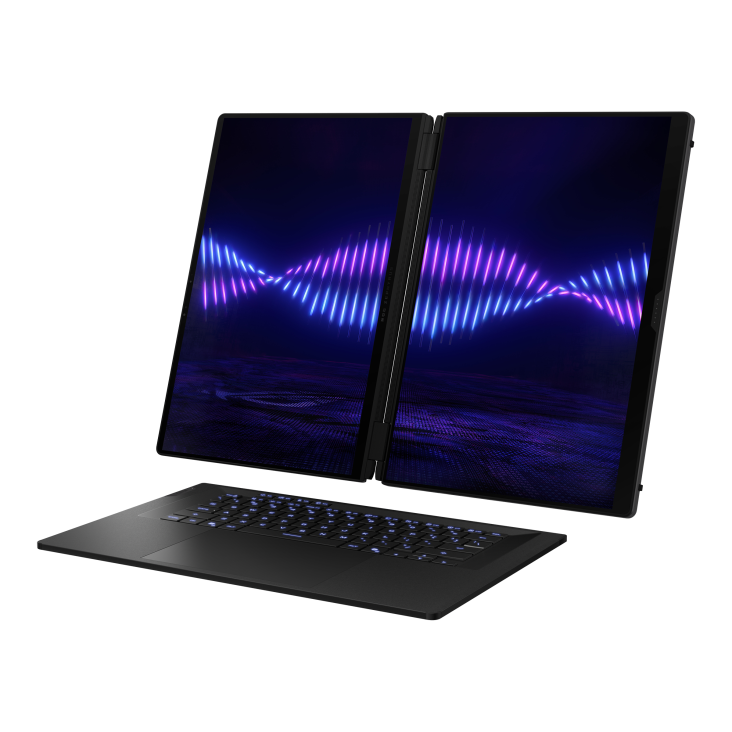 12_Left side of Dual-screen ROG Zephyrus DUO 16 (2026) displaying a vibrant neon graphic
