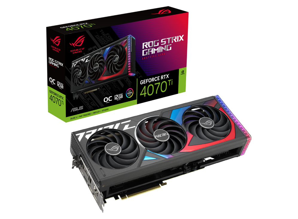 ROG Strix GeForce RTX 4070 Ti OC Edition packaging and graphics card