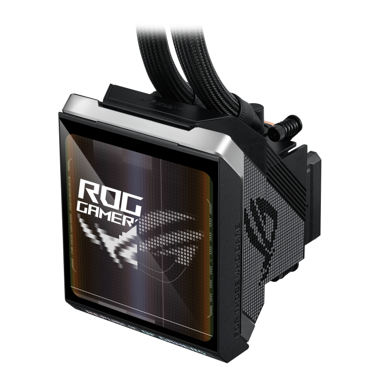 ROG Strix SLC IV 360 ARGB LCD – three-quarter angled view of the pump and LCD block, radiator softly blurred in the background